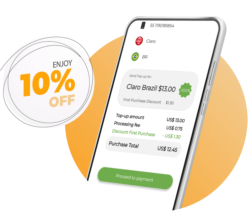 Get closer to your family with Pronto Topup's international recharge - Save 10% on your first top-up displayed on a smartphone screen.
