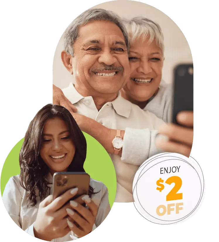 Smiling elderly couple taking a selfie, with a young woman happily using her phone. A badge on the image says 'Enjoy Off'.